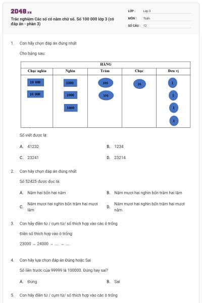 Trắc nghiệm Các số có năm chữ số. Số 100 000 lớp 3 (có đáp án - phần 3)