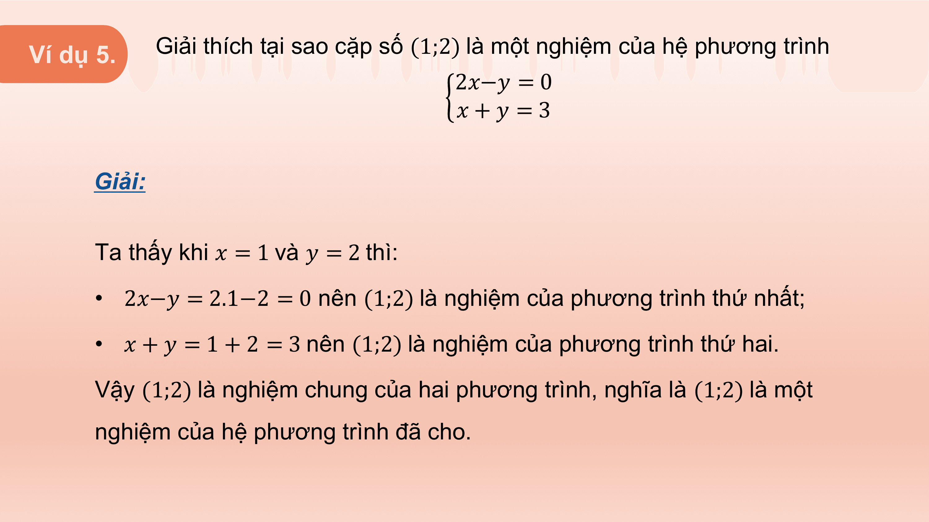 Ví dụ 5. Giải thích tại sao cặp số (1;2) là một nghiệm của hệ phương trình
 2?−? = 0
 ?+? =3

 Giải:

 Ta thấy khi ? = 1 và ? = 2 thì:
 • 2?−? = 2.1−2 = 0 nên (1;2) là nghiệm của phương trình thứ nhất;
 • ? + ? = 1 + 2 = 3 nên (1;2) là nghiệm của phương trình thứ hai.
 Vậy (1;2) là nghiệm chung của hai phương trình, nghĩa là (1;2) là một
 nghiệm của hệ phương trình đã cho.