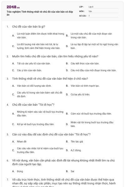 Trắc nghiệm Tính thống nhất về chủ đề của văn bản có đáp án