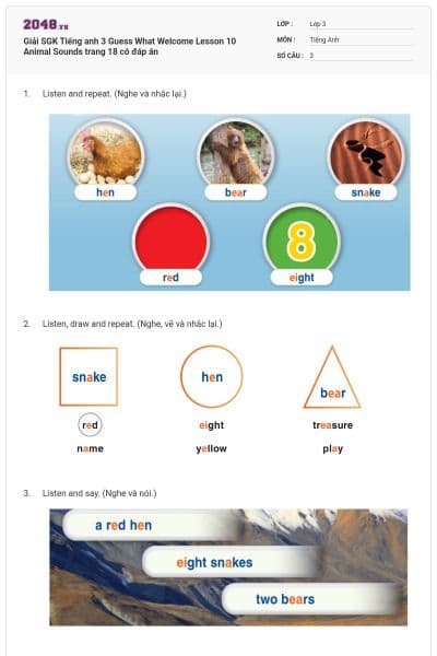 Giải SGK Tiếng anh 3 Guess What Welcome Lesson 10 Animal Sounds trang 18 có đáp án