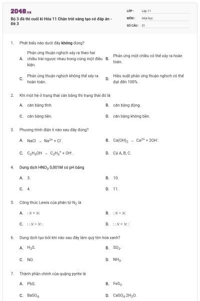 Bộ 3 đề thi cuối kì Hóa 11 Chân trời sáng tạo có đáp án - Đề 3