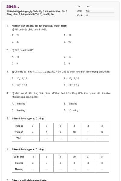 Phiếu bài tập hàng ngày Toán lớp 3 Kết nối tri thức Bài 5. Bảng nhân 3, bảng chia 3 (Tiết 1) có đáp án