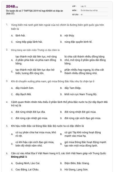 Ôn luyện đề số 7 THPTQG 2019 tổ hợp KHXH có đáp án (ĐỊA LÝ)
