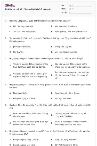 Đề kiểm tra Lịch sử 12 Cánh diều Chủ đề 5 có đáp án