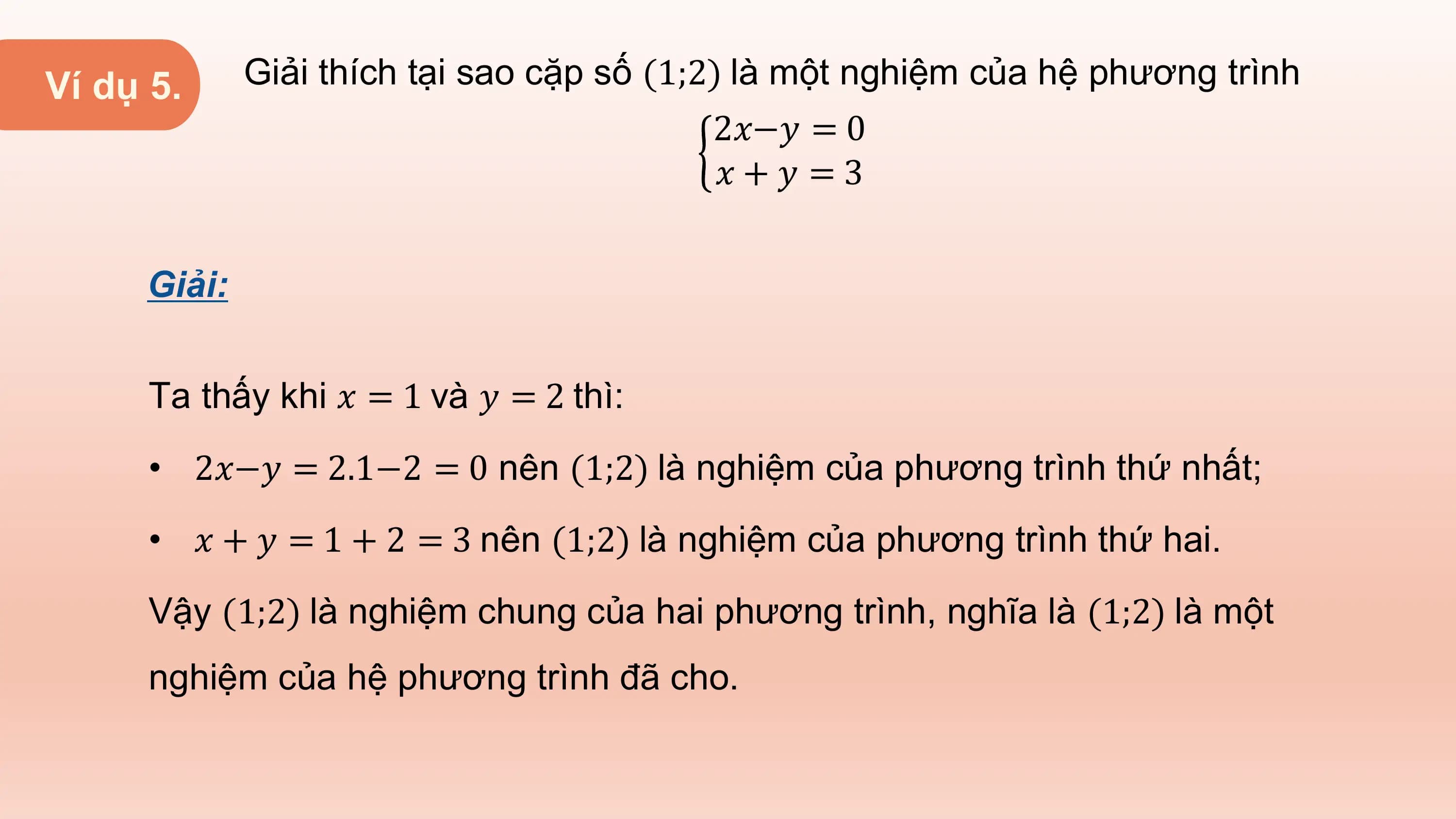 Ví dụ 5. Giải thích tại sao cặp số (1;2) là một nghiệm của hệ phương trình
 2𝑥−𝑦 = 0
 𝑥+𝑦 =3

 Giải:

 Ta thấy khi 𝑥 = 1 và 𝑦 = 2 thì:
 • 2𝑥−𝑦 = 2.1−2 = 0 nên (1;2) là nghiệm của phương trình thứ nhất;
 • 𝑥 + 𝑦 = 1 + 2 = 3 nên (1;2) là nghiệm của phương trình thứ hai.
 Vậy (1;2) là nghiệm chung của hai phương trình, nghĩa là (1;2) là một
 nghiệm của hệ phương trình đã cho.