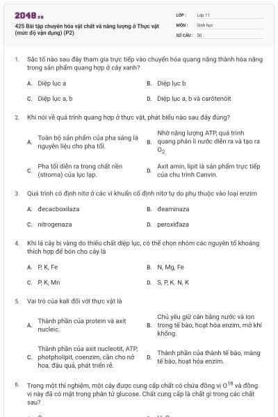 425 Bài tập chuyển hóa vật chất và năng lượng ở Thực vật (mức độ vận dụng) (P2)