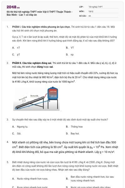 Đề thi thử tốt nghiệp THPT môn Vật lí  THPT Thuận Thành - Bắc Ninh - Lần 1 có đáp án