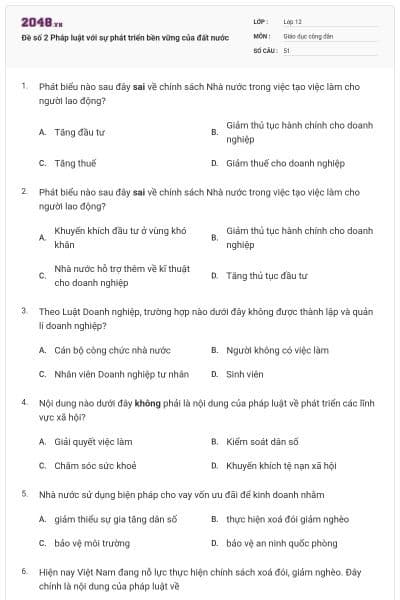 Đề số 2 Pháp luật với sự phát triển bền vững của đất nước