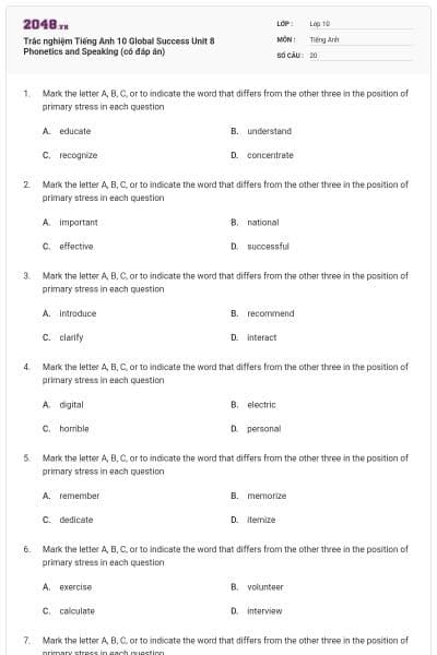 Trắc nghiệm Tiếng Anh 10 Global Success Unit 8 Phonetics and Speaking (có đáp án)
