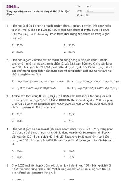 Tổng hợp bài tập amin – amino axit hay và khó (Phần 2) có đáp án
