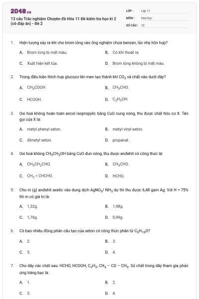 13 câu Trắc nghiệm Chuyên đề Hóa 11 Đề kiểm tra học kì 2 (có đáp án) - Đề 2