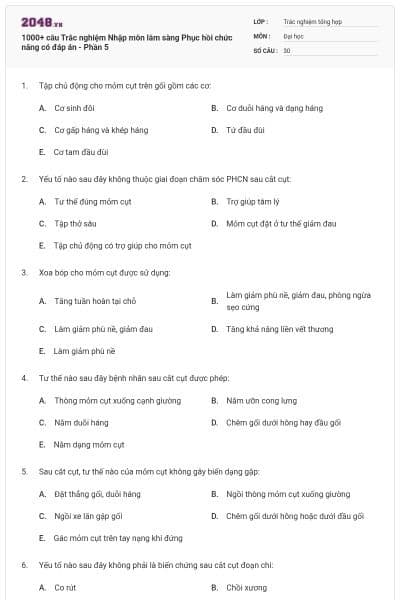1000+ câu Trắc nghiệm Nhập môn lâm sàng Phục hồi chức năng có đáp án - Phần 5