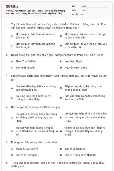 40 câu Trắc nghiệm Lịch Sử 11 Bài 21 (có đáp án): Phong trào yêu nước chống Pháp của nhân dân Việt Nam (P1)