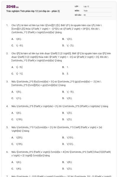 Trắc nghiệm Tích phân lớp 12 (có đáp án - phần 2)