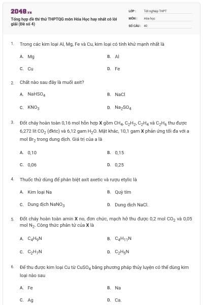 Tổng hợp đề thi thử THPTQG môn Hóa Học hay nhất có lời giải (Đề số 4)