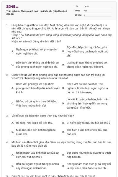 Trắc nghiệm: Phong cách ngôn ngữ báo chí (tiếp theo) có đáp án