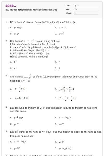 200 câu trắc nghiệm Hàm số mũ và Logarit cơ bản (P5)