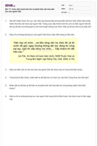 Bài 17: Cuộc đấu tranh bảo tồn và phát triển văn hóa dân tộc của người Việt