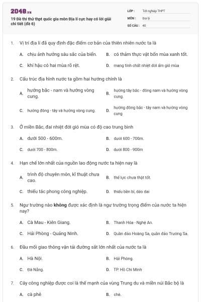 19 Đề thi thử thpt quốc gia môn Địa lí cực hay có lời giải chi tiết (đề 6)
