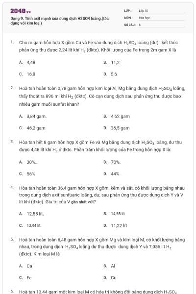 Dạng 9. Tính axit mạnh của dung dịch H2SO4 loãng.(tác dụng với kim loại)