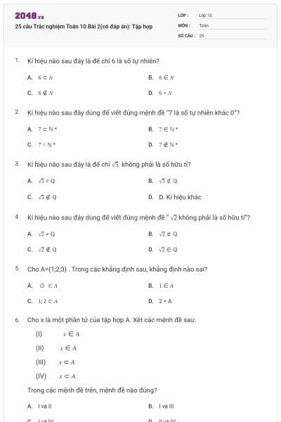 25 câu Trắc nghiệm Toán 10 Bài 2(có đáp án): Tập hợp
