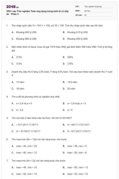 500+ câu Trắc nghiệm Toán ứng dụng trong kinh tế có đáp án - Phần 4