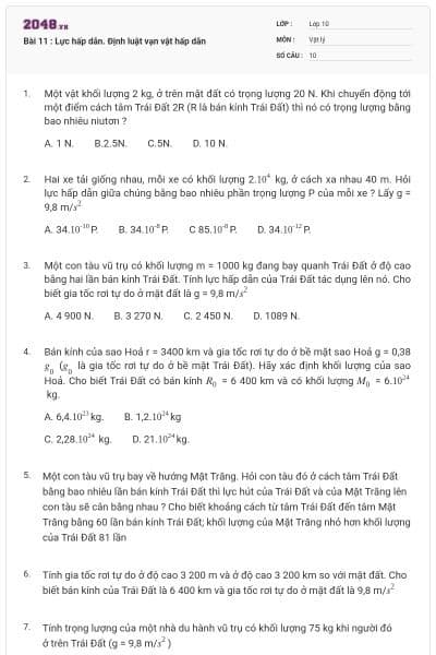 Bài 11 : Lực hấp dẫn. Định luật vạn vật hấp dẫn