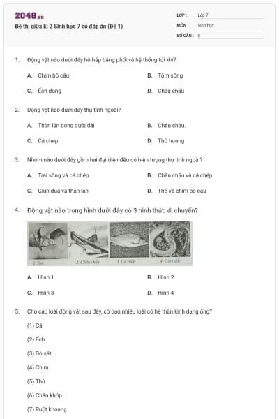 Đề thi giữa kì 2 Sinh học 7 có đáp án (Đề 1)