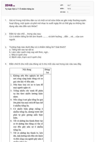Tự luận Vật Lí 7: Ô nhiễm tiếng ồn
