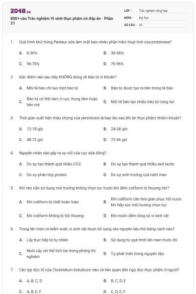 800+ câu Trắc nghiệm Vi sinh thực phẩm có đáp án - Phần 21