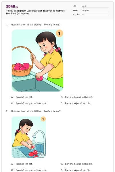 10 câu trắc nghiệm Luyện tập: Viết đoạn văn kể một việc làm ở nhà (có đáp án)