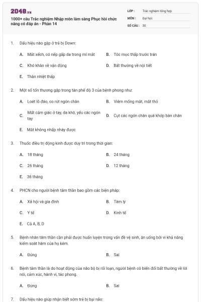 1000+ câu Trắc nghiệm Nhập môn lâm sàng Phục hồi chức năng có đáp án - Phần 14
