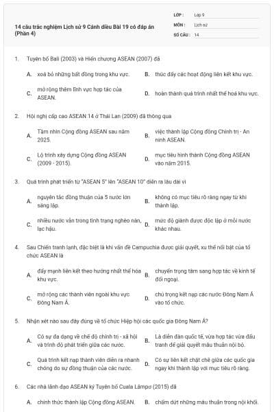 14 câu trắc nghiệm Lịch sử 9 Cánh diều Bài 19 có đáp án (Phần 4)