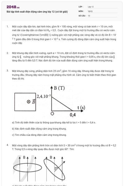 Bài tập tính suất điện động cảm ứng lớp 12 (có lời giải)
