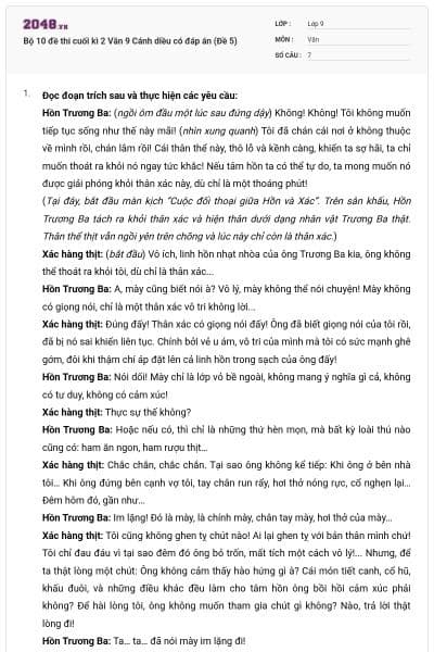 Bộ 10 đề thi cuối kì 2 Văn 9 Cánh diều có đáp án (Đề 5)