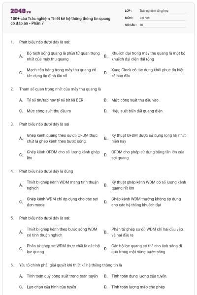 100+ câu Trắc nghiệm Thiết kế hệ thống thông tin quang có đáp án - Phần 7