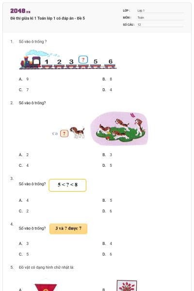 Đề thi giữa kì 1 Toán lớp 1 có đáp án - Đề 5