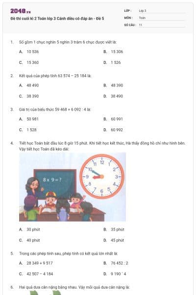 Đề thi cuối kì 2 Toán lớp 3 Cánh diều có đáp án - Đề 5