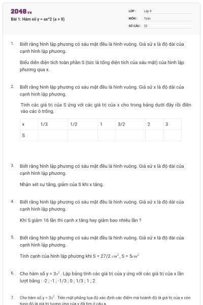 Bài 1: Hàm số y = ax^2 (a ≠ 0)
