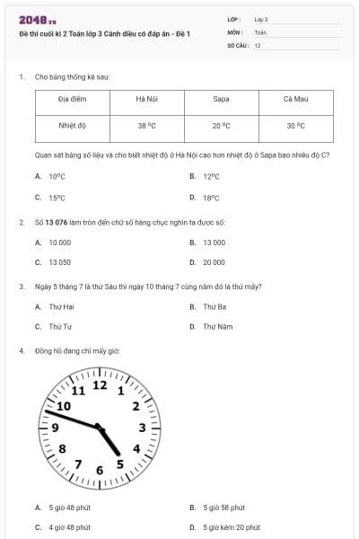 Đề thi cuối kì 2 Toán lớp 3 Cánh diều có đáp án - Đề 1