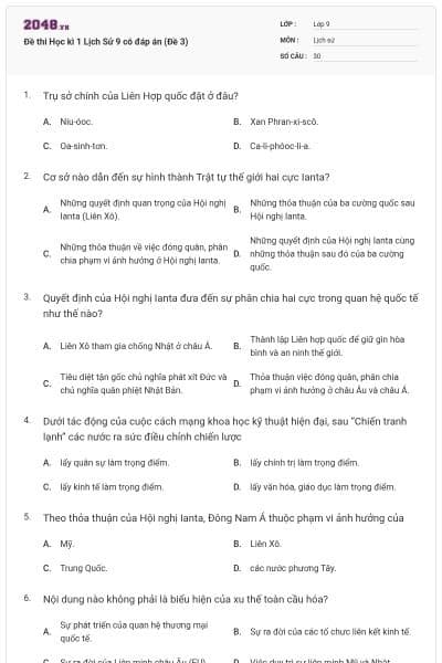 Đề thi Học kì 1 Lịch Sử 9 có đáp án (Đề 3)