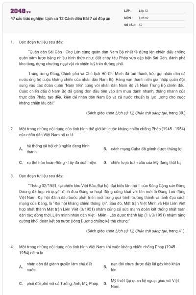 47 câu trắc nghiệm Lịch sử 12 Cánh diều Bài 7 có đáp án