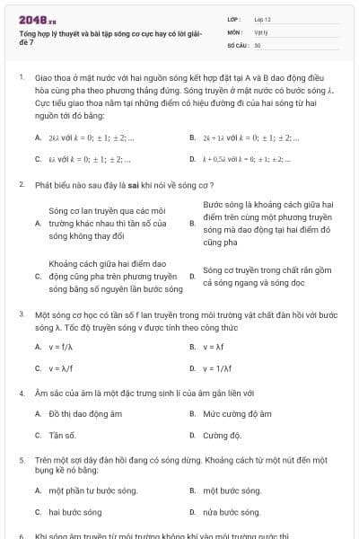 Tổng hợp lý thuyết và bài tập sóng cơ cực hay có lời giải- đề 7