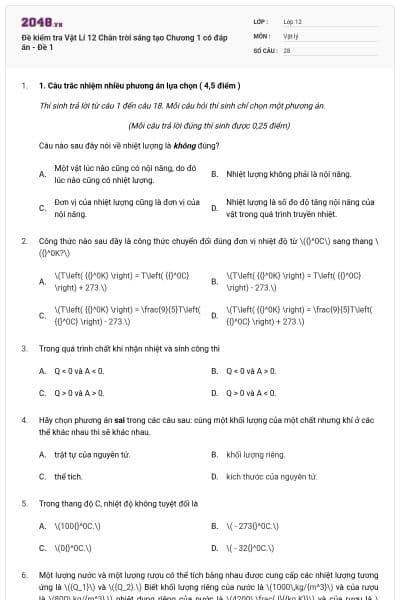 Đề kiểm tra Vật Lí 12 Chân trời sáng tạo Chương 1 có đáp án - Đề 1