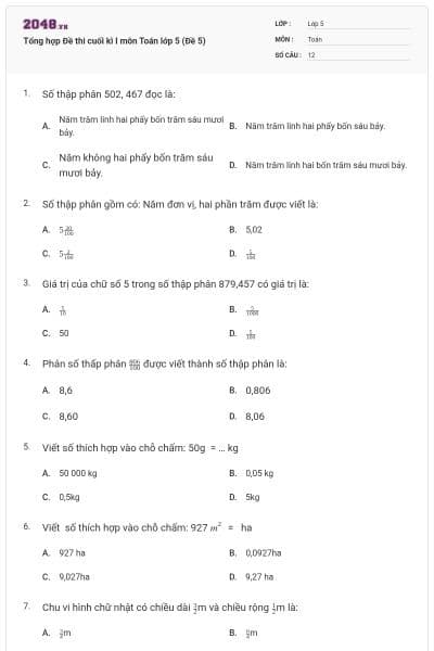 Tổng hợp Đề thi cuối kì I môn Toán lớp 5 (Đề 5)