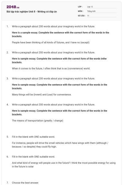 Bài tập trắc nghiệm Unit 8 - Writing có đáp án