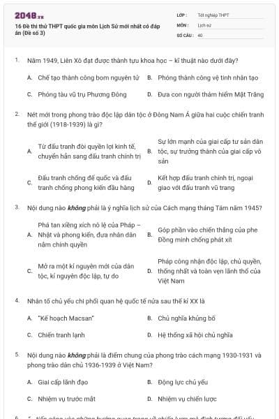 16 Đề thi thử THPT quốc gia môn Lịch Sử mới nhất có đáp án (Đề số 3)