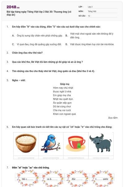 Bài tập hàng ngày Tiếng Việt lớp 2 Bài 30: Thương ông (có đáp án)