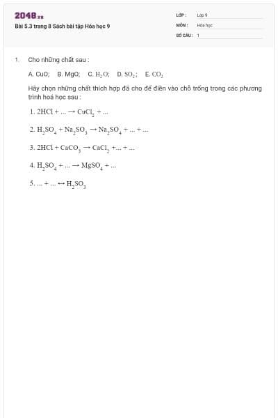 Bài 5.3 trang 8 Sách bài tập Hóa học 9