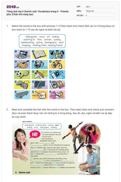 Tiếng Anh lớp 6 Starter unit: Vocabulary trang 6 - Friends plus (Chân trời sáng tạo)